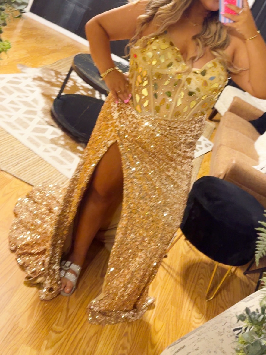 Gold Sequin High-Slit Prom Dress With Embellished Bodice